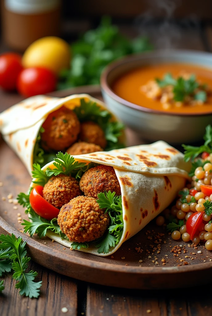 Falafel wrap with tabbouleh and a side of lentil soup