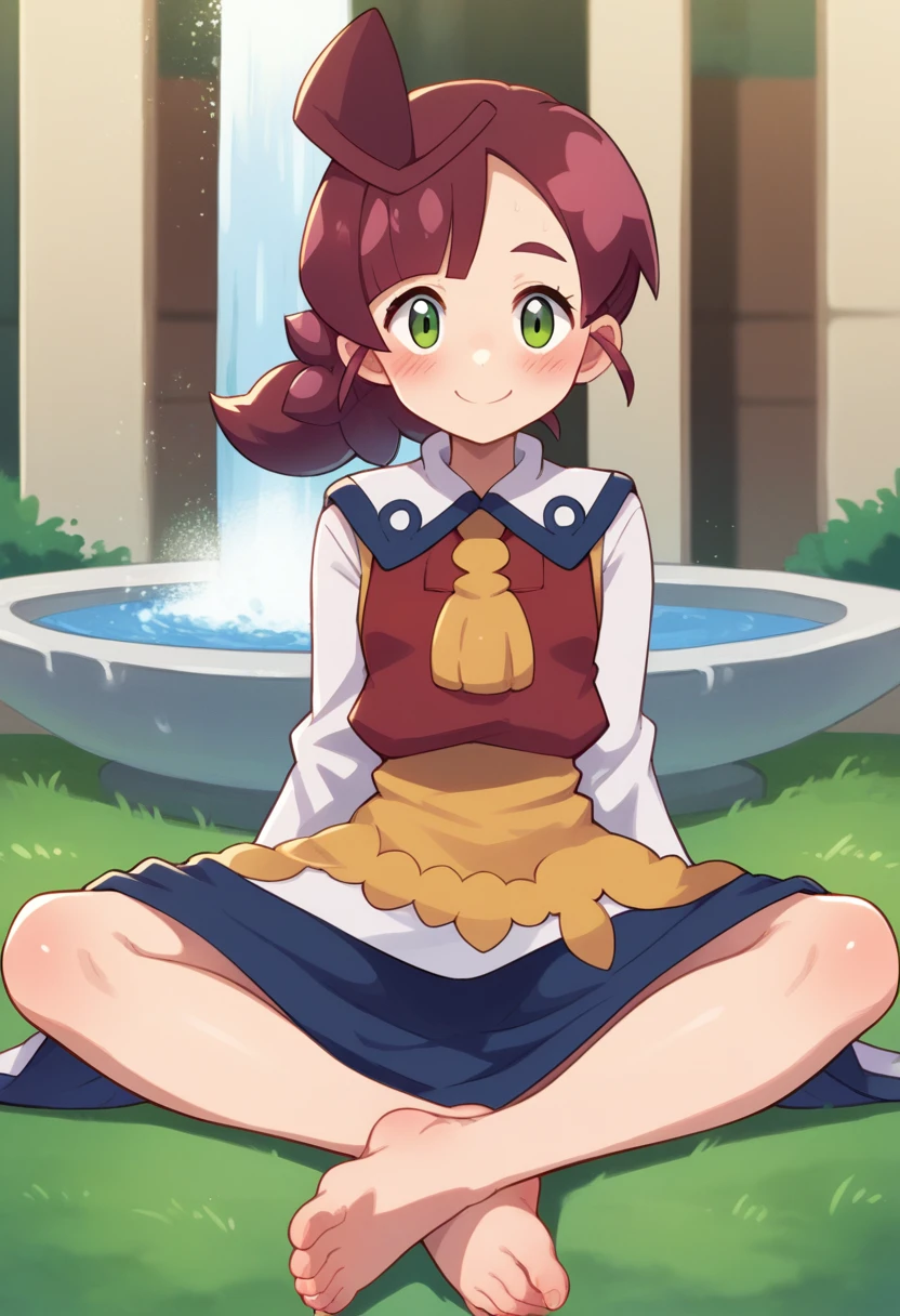 punctuation_9, no censure, fountain_anime BREAK moriya suwako, 1 girl, standing alone, gazing at viewer, blush, smile, chemise, overskirt, long sleeves, thicc thighs, ha, containment, cinta, cloused mouth, sitting down, wide sleeves, vest, feet, red cinta, parted bangs, Toes, high collar, soles, without shoes, from low, foreshortening, Pingo D'water, brown hat, foco nos feet, Purple West, containment leaf, leaf umbrella