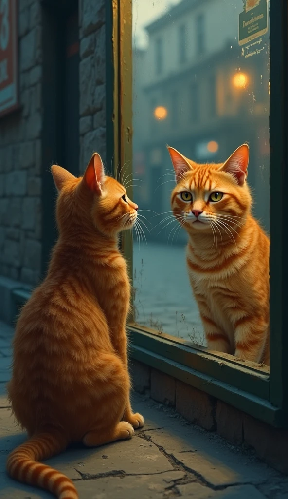 Scene 10: The Reflection
Location: A Storefront Window at Dusk
The orange cat pauses in front of a storefront window, where it sees its reflection. It gazes at its own image, the matted fur and sad eyes, before turning away and continuing on its path.