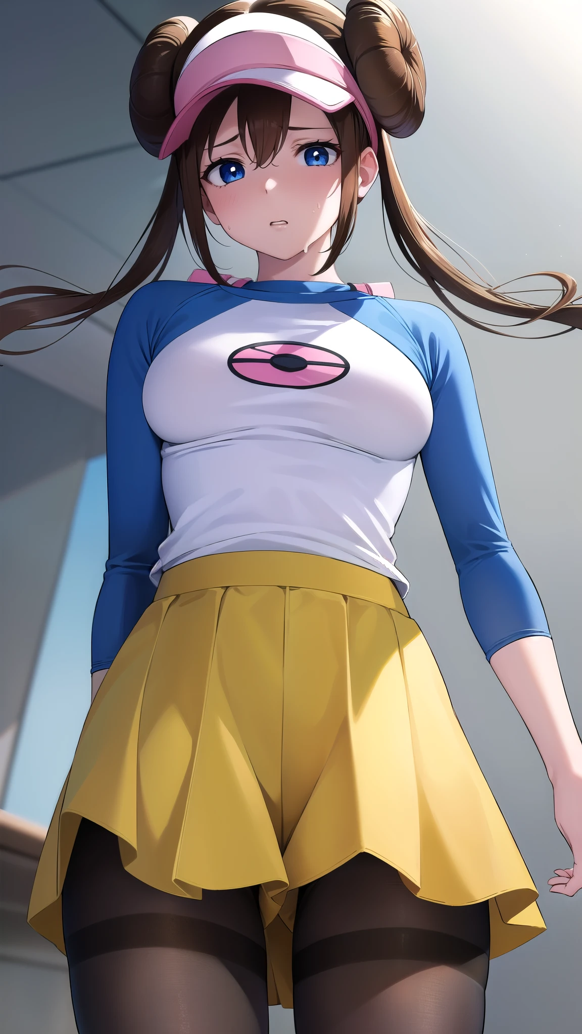 Rosa, Rosa, Brown Hair, Double Bang, doughnut Hair Bun, Hair Bun, blue eyes, Hair between the eyes, Twin tails, Large Breasts, Open your mouth,
break pantyhose, (Pantyhose under shorts), Raglan sleeves, skirt, (yellow skirt), White shirt, Blue Sleeve, Long sleeve, Visor Cap,
break looking at viewer, Upper Body, whole body,
break outdoors,
break (masterpiece:1.2), Highest quality, High resolution, unity 8k wallpaper, (figure:0.8), (Beautiful attention to detail:1.6), Highly detailed face, Perfect lighting, Highly detailed CG, (Perfect hands, Perfect Anatomy),((((Disgusted)))),pussy line,from below,