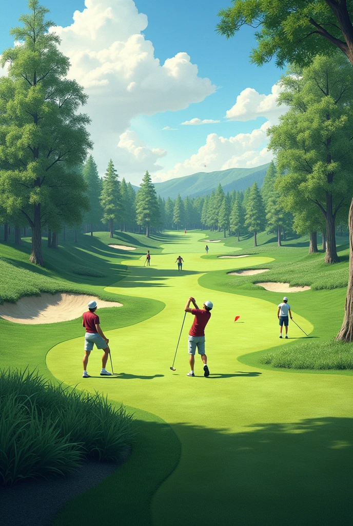 a golf course with clear grass, not too clean, a bit dusty .some people are playing golf
