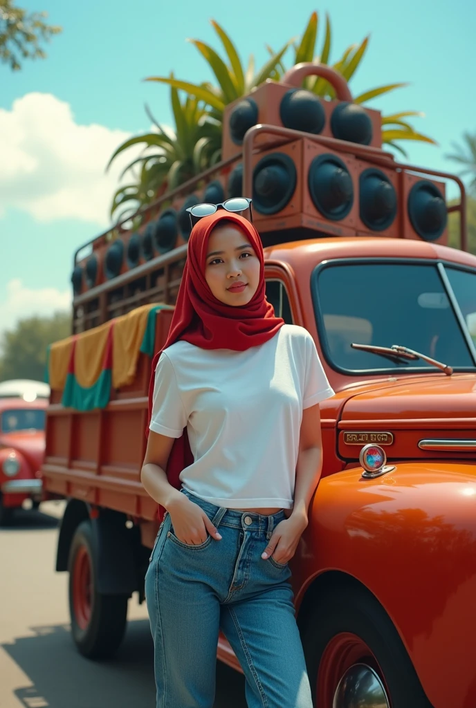 (photorealism), (masterpiece) (Indonesian selebration independens day)
a beautiful Indonesian woman, wearing a long white t-shirt that reaches below her buttocks and long sleeves, tight jeans, a red hijab with glasses on her head, pink lipstick and Indonesian flag on chick, leaning casually against a truck carrying a stack of audio systems about 3 meters high. The truck has been decorated with colorful cloth and beautifully shaped coconut leaves around it, with the backdrop of the August parade, on the side of the truck there is an art poster that says "BREWOG AUDIO" large and can be read very clearly, the sky is blue, sunlight, outdor, relaxed pose, realistic, intricate details, warm colors, clowdy sky, Focus, Focus, realistic, 5D 8K