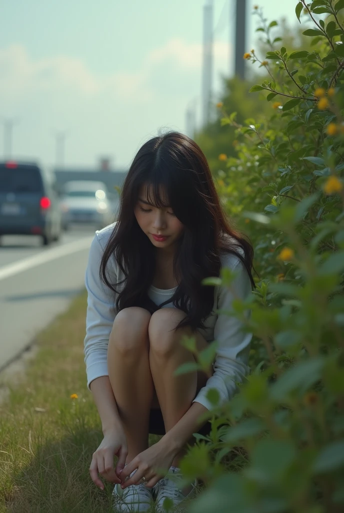A Asian- American woman in her 20s, stopped her car and is peeing on the side of the freeway somewhere hidden