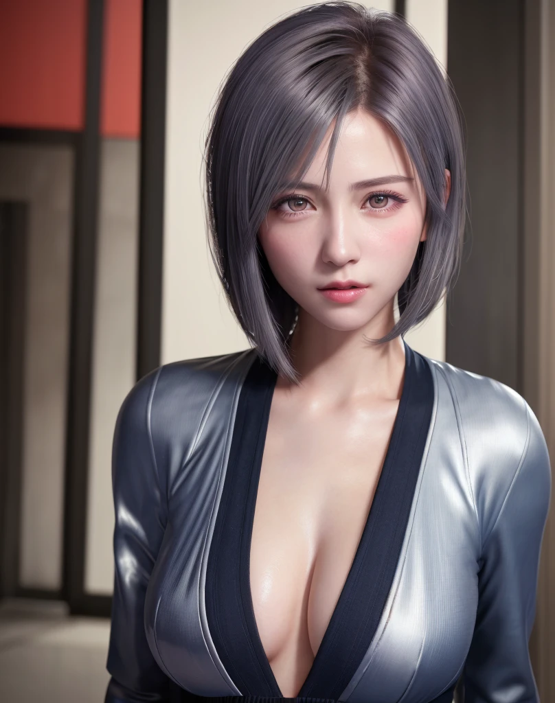 (8K, Photorealistic, Raw photo, of the highest quality: 1.3), (1girl in), Super beautiful, (Realistic face), (boyish, Silver Color Berry Shorthair), Beautiful cyberpunk suit, Glare that captivates the viewer, Beautiful expression, Beautiful breasts, (Realistic skin), Beautiful...