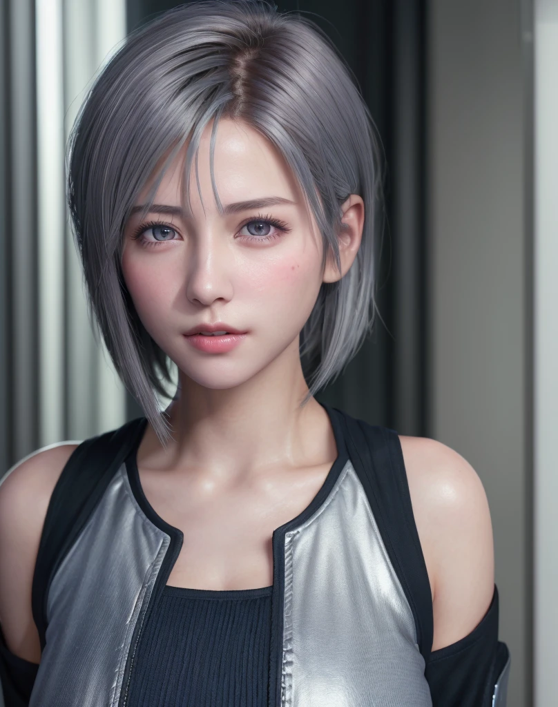 (8K, Photorealistic, Raw photo, of the highest quality: 1.3), (1girl in), Super beautiful, (Realistic face), (boyish, Silver Color Berry Shorthair), Beautiful cyberpunk suit, Glare that captivates the viewer, Beautiful expression, Beautiful breasts, (Realistic skin), Beautiful...