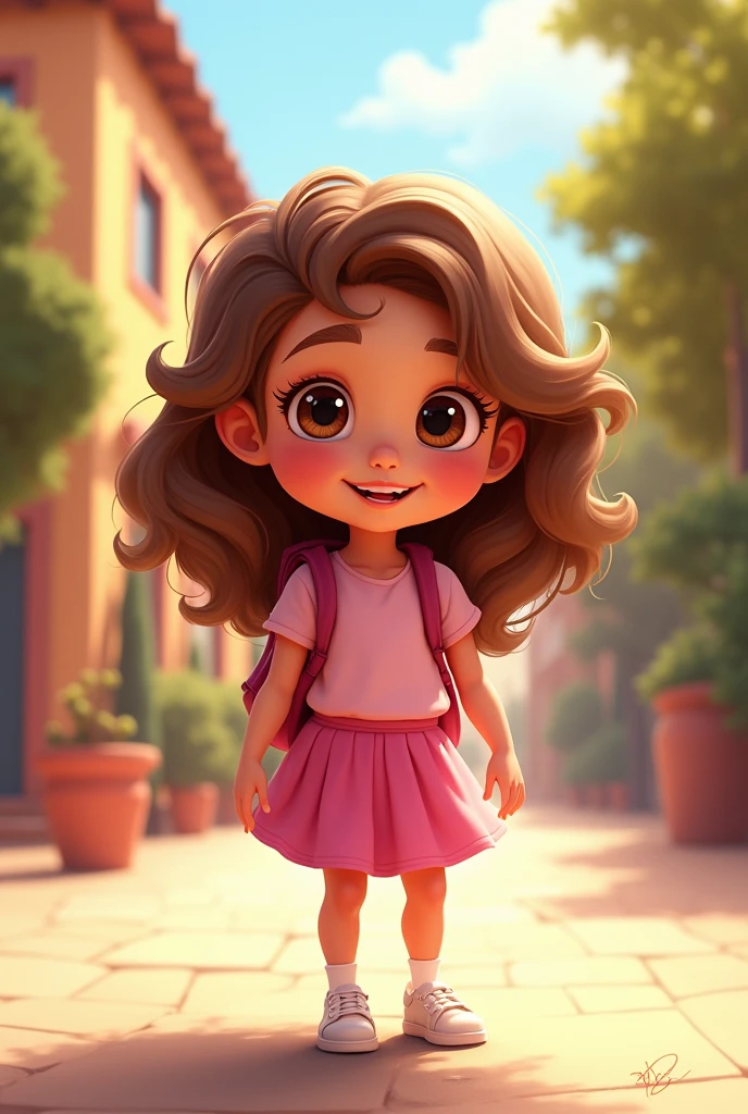 Here's a description for your character:
**Name**: Sofia
**Age**: 4
**Appearance**: Sofia is a vibrant Spanish girl with long, curly brown hair that reaches her hips. She wears a cute pink and white three-piece outfit with matching white shoes. Her outfit consists of a pink top with going to school