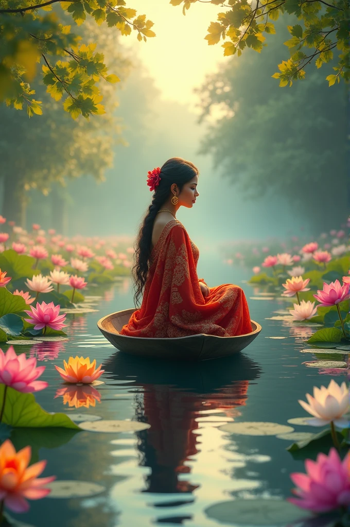 The boat floats on the river. A girl in a saree sits gracefully in the boat. Around him, lotus flowers of various colors bloomed on the banks of the river, which were reflected in the calm water of the river. The girl is smiling or quietly enjoying the view of the river, while the lotus flowers make the environment around her more colorful and vibrant. The golden glow of the lotus flowers along with the sunlight made the scene even more beautiful.