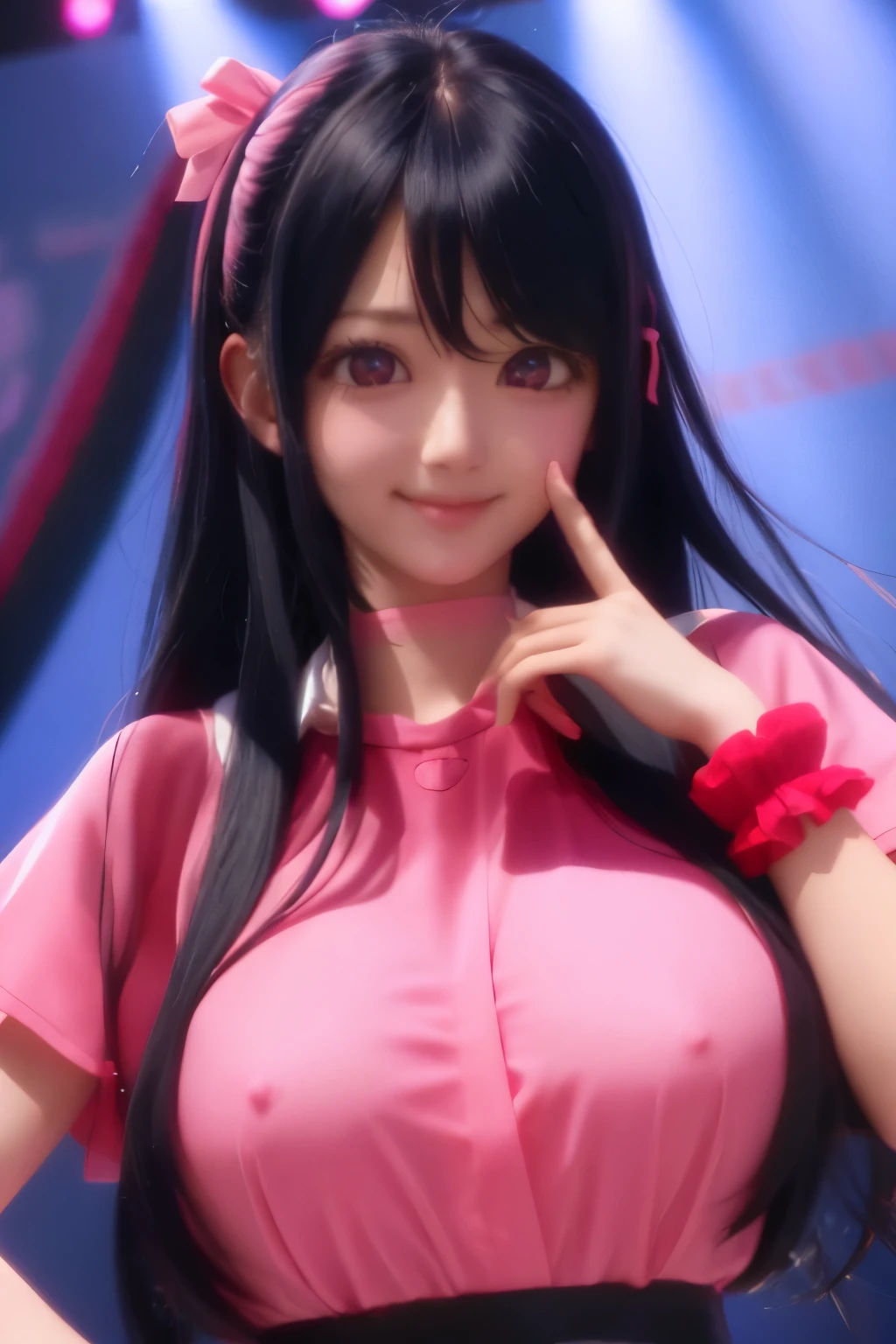 1girl,ai hoshino,pink idol clothes,On stage , long hair, black hair, black eyes, very big breasts, slight smile,close up photo, ultra detail, ultra HD, masterpiece, stunning