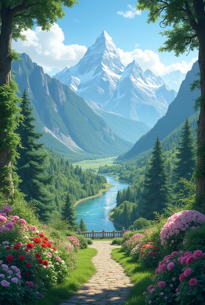 Garden Over Mountains with a River