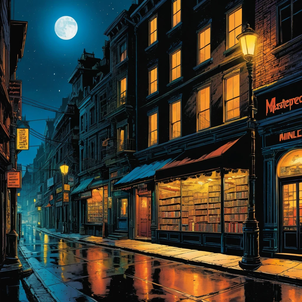 (masterpiece:1.4), (best quality:1.4), (High resolution:1.4), (masterpiece, best quality, High resolution:1.4), dark fantasy, science fiction, Frank Miller comic style, bookshope store on the road，midnight，night，street lamp, science fiction world
