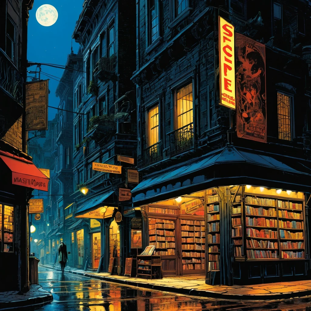 (masterpiece:1.4), (best quality:1.4), (High resolution:1.4), (masterpiece, best quality, High resolution:1.4), dark fantasy, science fiction, Frank Miller comic style, bookshope store on the road,midnight,night,street lamp, science fiction world