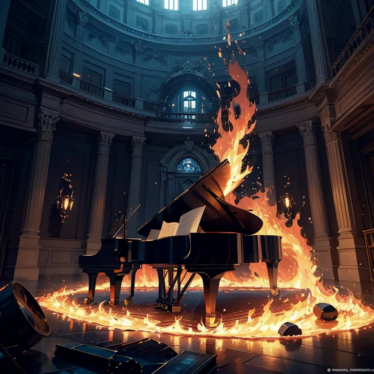 (masterpiece, best quality, ultra-detailed, illustration, high resolution, UHD, depth, cinematic lighting), piano, fire, blaze, large empty room, giant room, piano in center, burning piano, piano on fire:1.4, piano in a blaze, burning, surrouned by fire, dark room, sadness, grief, regret, emotion, love, beaty, poetry, destruction,