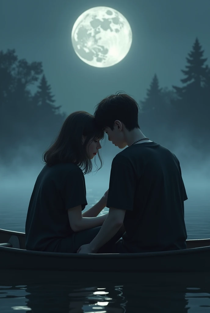 Create 3D image.one boy and girl heart broked heart.the boy and girl wear black colour full sleeve tshirt and girl had a cute little platinam chain .the boy neck have a black colour little rope in 10 in neck chain.they are sitting the smoke boat at Lake one moon.They are with huging feel sad.front side face .