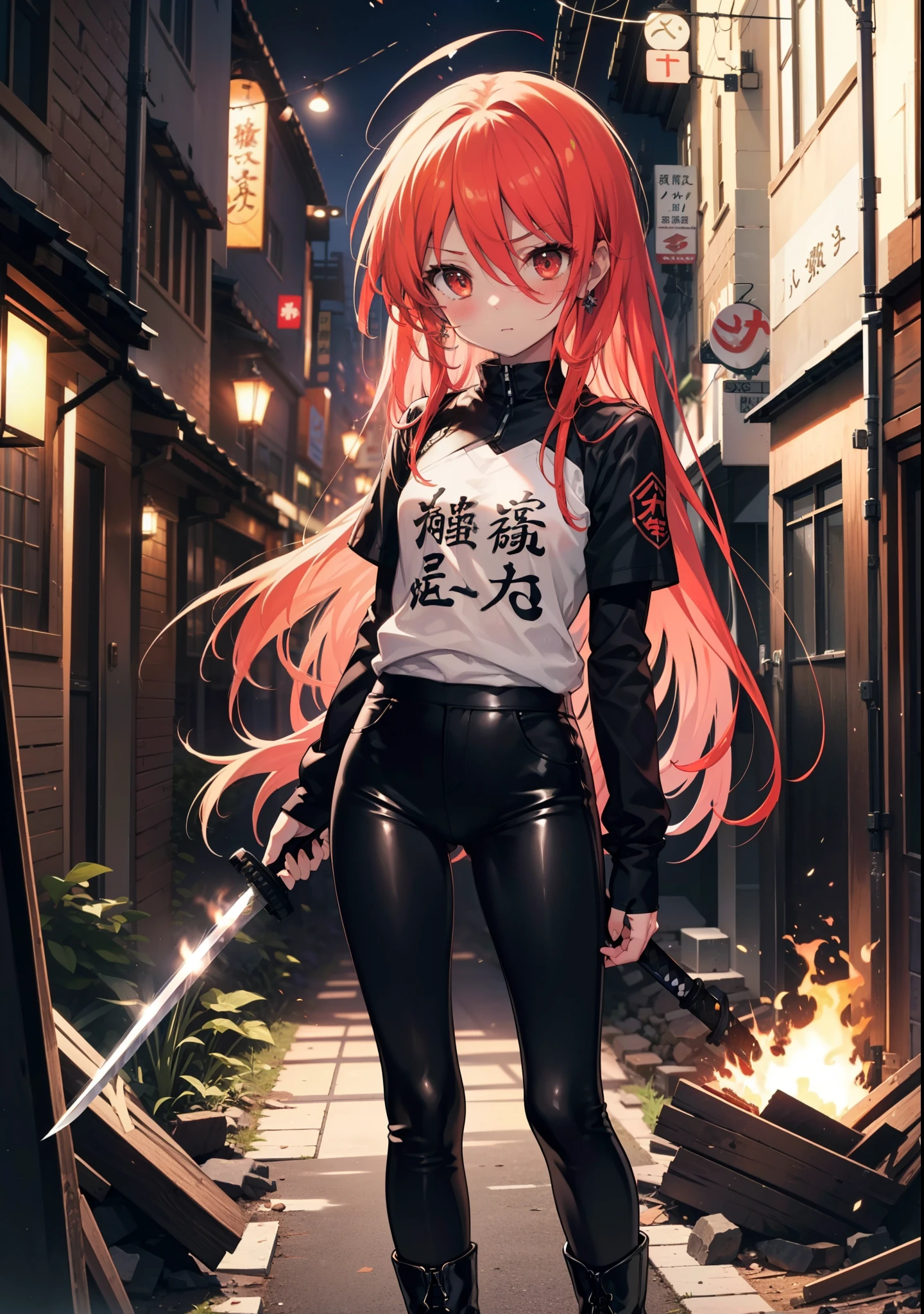 Shana,灼眼のShana,Long Hair, Redhead, Red eyes, Ahoge,blush,Small breasts,Serious face,Black Rider Suit,Black V-neck T-shirt,Leather pants,boots,rubble,Explosive Flame,Japanese sword with flames:1 is stuck in the ground,night,moonlight,Are standing,whole bodyがイラストに入るように,　　　　　　　　　　　　　break outdoors, Building district,　　　　　　　　　　　　　　　break looking at viewer, whole body, 　　　　　　　　break (masterpiece:1.2), Highest quality, High resolution, unity 8k wallpaper, (shape:0.8), (Beautiful attention to detail:1.6), Highly detailed face, Perfect lighting, Extremely detailed CG, (Perfect hands, Perfect Anatomy),