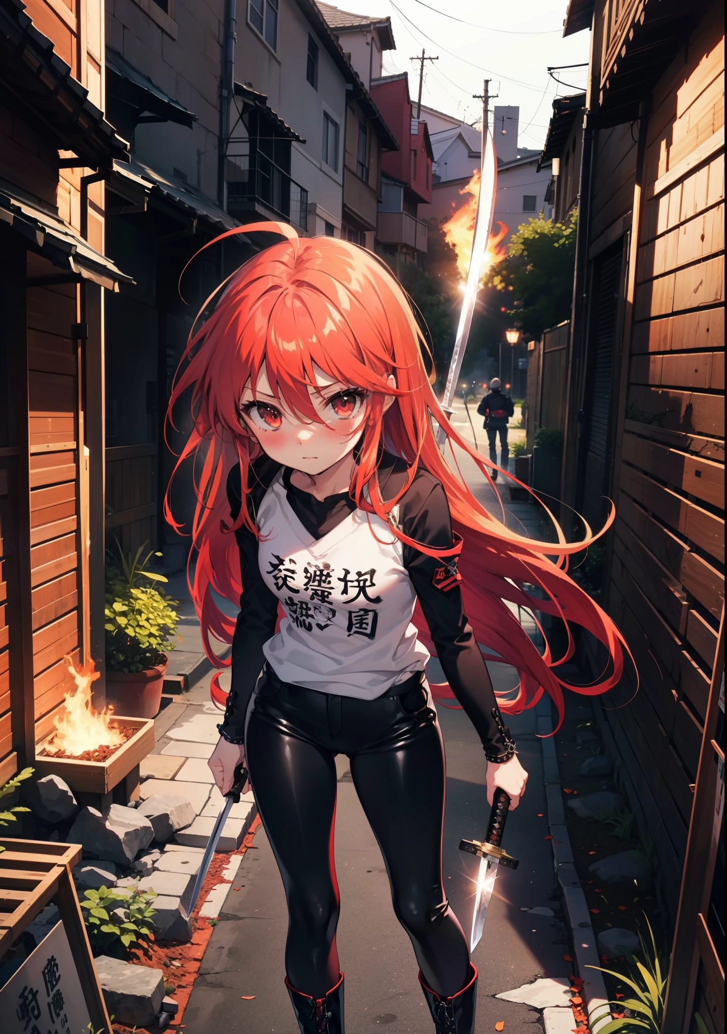 Shana,灼眼のShana,Long Hair, Redhead, Red eyes, Ahoge,blush,Small breasts,Serious face,Black Rider Suit,Black V-neck T-shirt,Leather pants,boots,rubble,Explosive Flame,Japanese sword with flames:1 is stuck in the ground,night,moonlight,Are standing,whole bodyがイラストに入るように,　　　　　　　　　　　　　break outdoors, Building district,　　　　　　　　　　　　　　　break looking at viewer, whole body, 　　　　　　　　break (masterpiece:1.2), Highest quality, High resolution, unity 8k wallpaper, (shape:0.8), (Beautiful attention to detail:1.6), Highly detailed face, Perfect lighting, Extremely detailed CG, (Perfect hands, Perfect Anatomy),