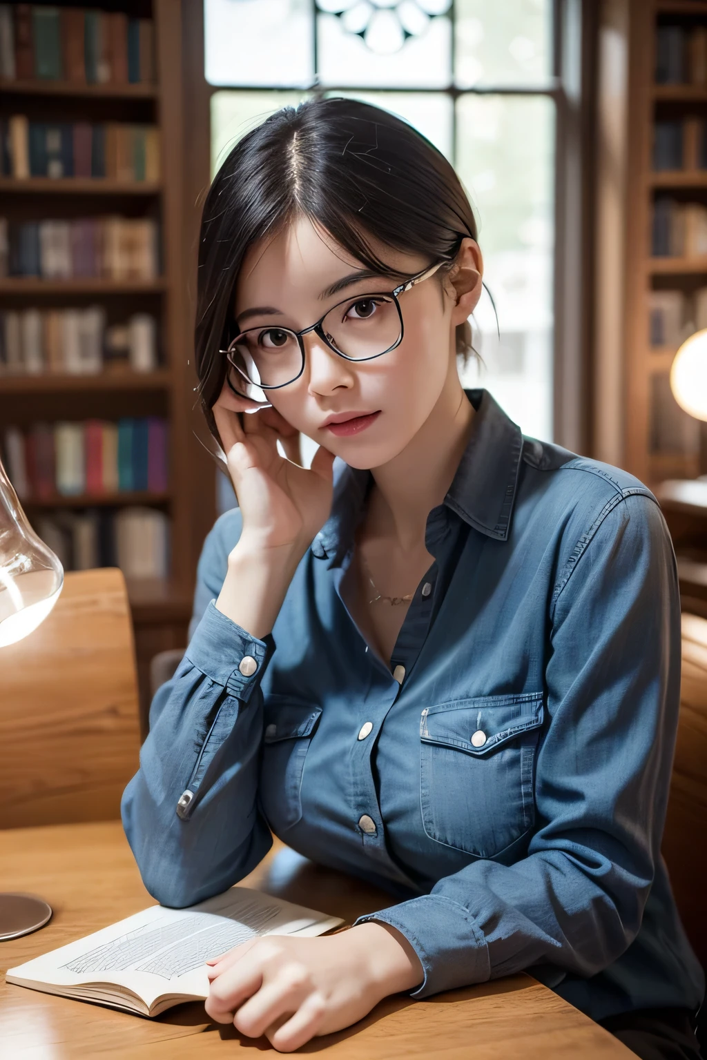1 woman, black hair color hair, short ponytail hair, clear thin frame glasses, thinking face,ssmile (Wear button-down shirts, Large breasts), sitting down, Learn, off and on, lying on the table, get a pencil, opened book, nerds, glass of milk, table light, off and on, in library, wall decorate, Mini library, glass window, wall clock, off and on, Movie Lighting, realistically, tmasterpiece, Best quality, Complex CG,The face is very detailed,High detail eyes,There is milky flowing on the surface of the chest skin