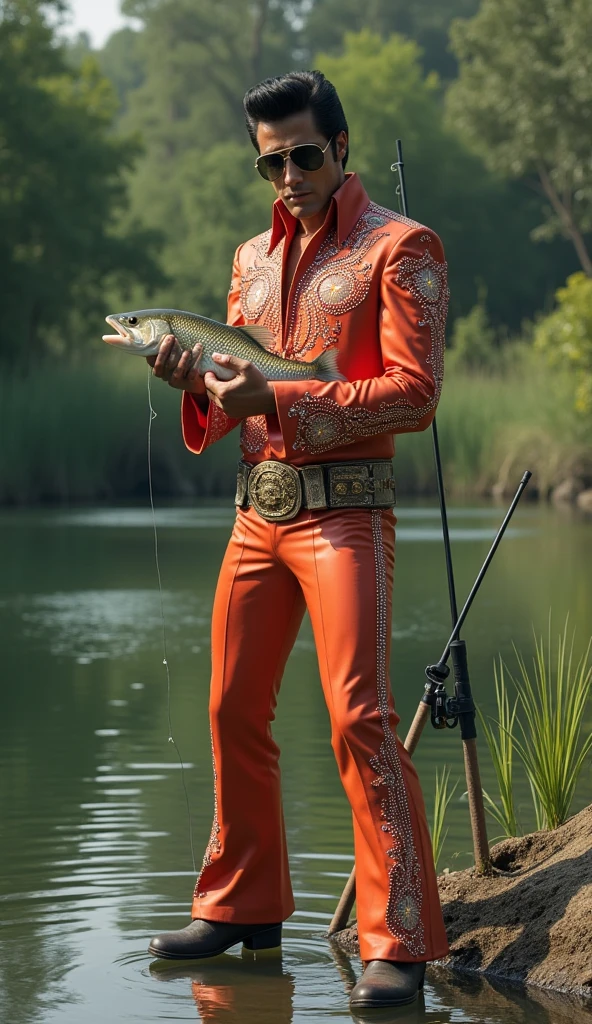 Elvis presley in his traditional clothes at the concert as a fisherman by the pond with rods and holding a catfish in his hand 