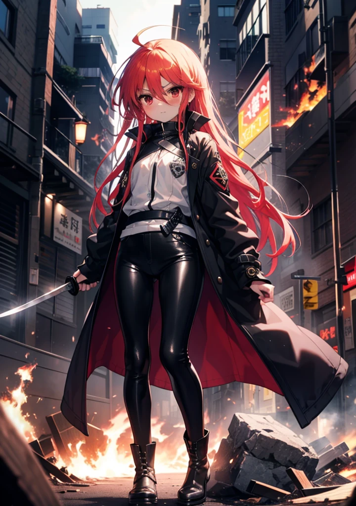 Shana,灼眼のShana,Long Hair, Redhead, Red eyes, Ahoge,blush,Small breasts,Serious face,Black Rider Suit,Leather pants,boots,rubble,Explosive Flame,Japanese sword with flames:1 is stuck in the ground,night,moonlight,Are standing,whole bodyがイラストに入るように,　　　　　　　　　　　　　break outdoors, Building district,　　　　　　　　　　　　　　　break looking at viewer, whole body, 　　　　　　　　break (masterpiece:1.2), Highest quality, High resolution, unity 8k wallpaper, (shape:0.8), (Beautiful attention to detail:1.6), Highly detailed face, Perfect lighting, Extremely detailed CG, (Perfect hands, Perfect Anatomy),