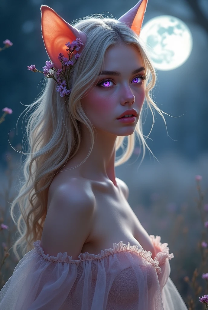 A young woman has thin, pointed ears, similar to those of a feline. These ears display delicate details under the moonlight, standing out among her beautiful hair, as if they were woven from a fine silk fabric.
Skin Color: Her skin is a baby pink tone, similar to a delicate flower. This neutral tone reflects her connection with the garden. Her skin is soft to the touch, with a lightness that reminds one of the freshness of the morning.
Hair: Her hair is long and silky, a light blonde that shines with reflections under the moonlight. Her strands are so fine and silky that they seem to be always in movement, floating with the slightest touch of wind. She leaves them loose, allowing the breeze to play with them, there are small wildflowers intertwined.
Eyes: Her eyes are a calm purple, reminiscent of a soft dusk. They have a constant and restless glow. Facial Features: She has delicate and cute facial features, with high cheekbones and a slightly pointed chin that enhances her calm expression. Her face is delicate and has a passionate expression. Her lips are thin and curved. Her arched and thin eyebrows frame her eyes, giving her a seductive expression. Body: She is slender and y, with a body that seems made for seduction. Her movements are calm and graceful, almost as if she were dancing to the rhythm of the river. She has a sexy and seductive post, ready to fall in love, as if nothing could hold her back. Her arms and legs are delicate and elegant, reinforcing her appearance of always being at ease. Clothing: She prefers light and transparent clothes, made of fine fabrics that mold to the body. She usually wears native clothes in shades of rose taupe, reminiscent of dusk. Her outfits are often adorned with small natural details. She also wears braided leather belts.