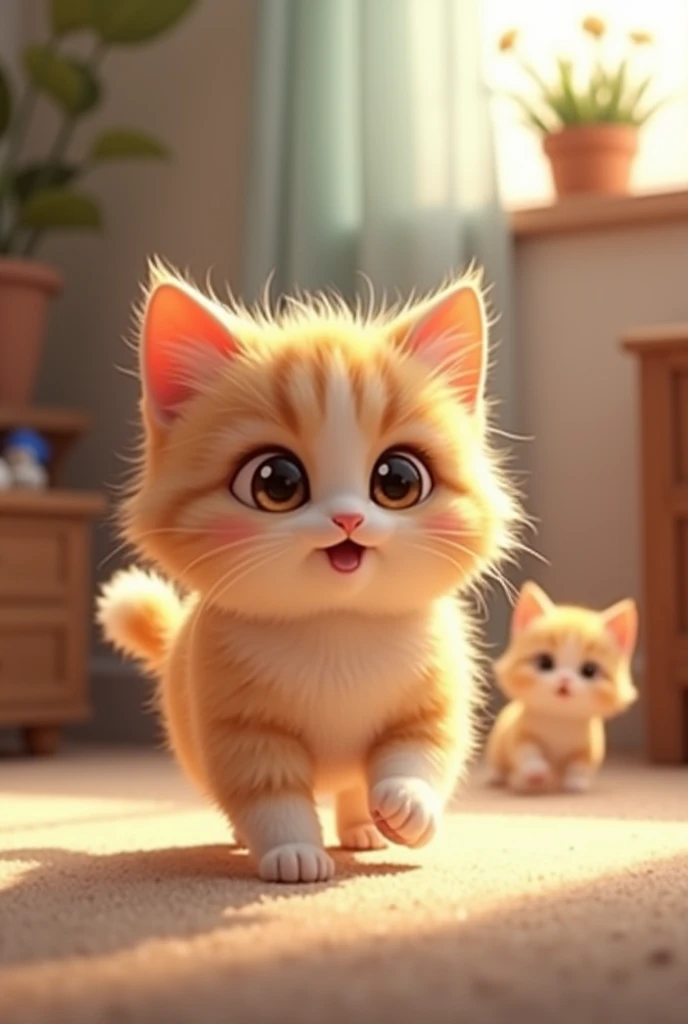 *Prompt* Create a cute cat clip behind her there is running a cat baby