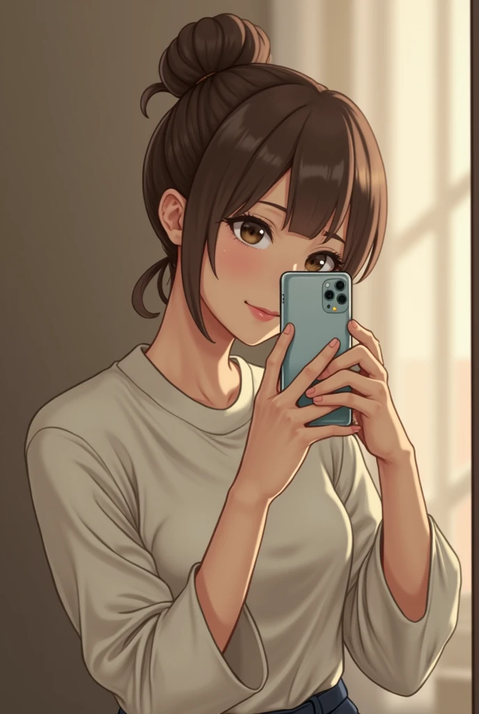 Japanese,30th Generation、 Light brown hair bun, whole body, It makes it look like you're taking a picture with your phone in front of a mirror, It's like the real thing