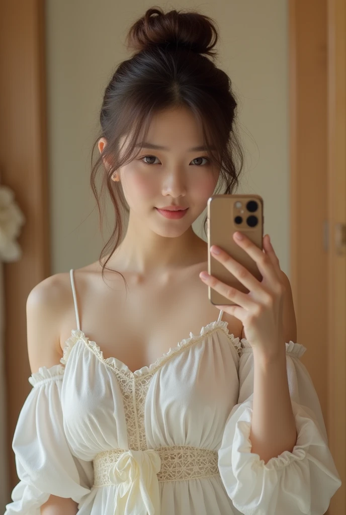 Japanese,30th Generation、 Light brown hair bun, whole body, It makes it look like you're taking a picture with your phone in front of a mirror, It's like the real thing