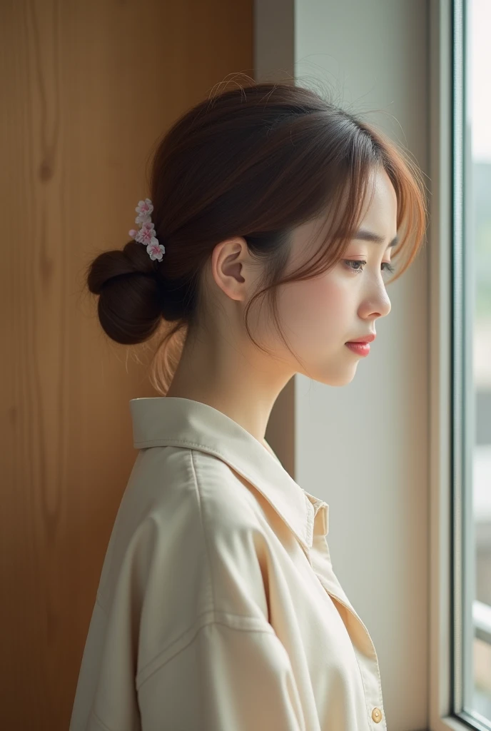 Japanese,30th Generation、 Light brown hair bun, whole body, It makes it look like you're taking a picture with your phone in front of a mirror, It's like the real thing