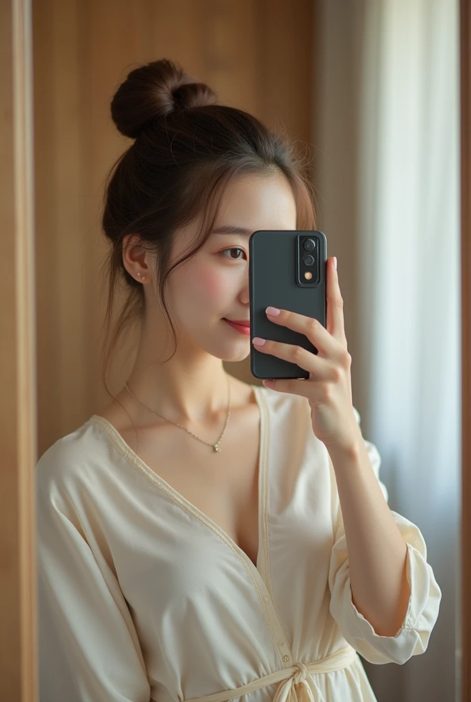 Japanese,30th Generation、 Light brown hair bun, whole body, It makes it look like you're taking a picture with your phone in front of a mirror, It's like the real thing