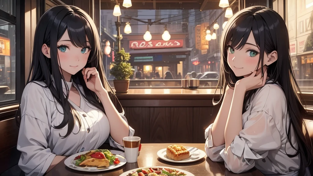 Art piece, masterpiece, anime girls, at a diner, artistic, highly detailed, high quality, 4K resolution, sitting at a diner booth, happy expression, extremely detailed art, rain outside of the large windows, peaceful scene, serene, anime style, zoomed out showing one whole side of the diner, black hair with volume, beautiful face, sexy, mature body, city life, perfect body and face, slight smile, beautiful green eyes, breakfast, correct anatomy, posing sexually, highly detailed face, detailed features