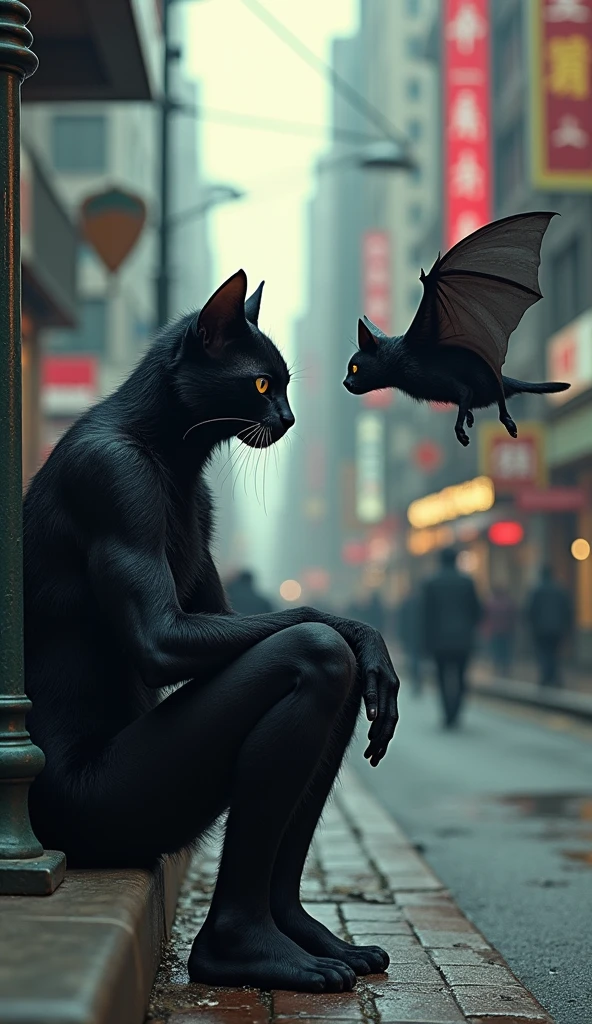 In a city a bat bit a black cat human who was sitting contemplating on a street corner, the black cat human was in pain.