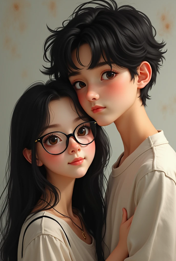 Short white girl with long black hair wearing glasses with a tall dark-haired boy with a round face