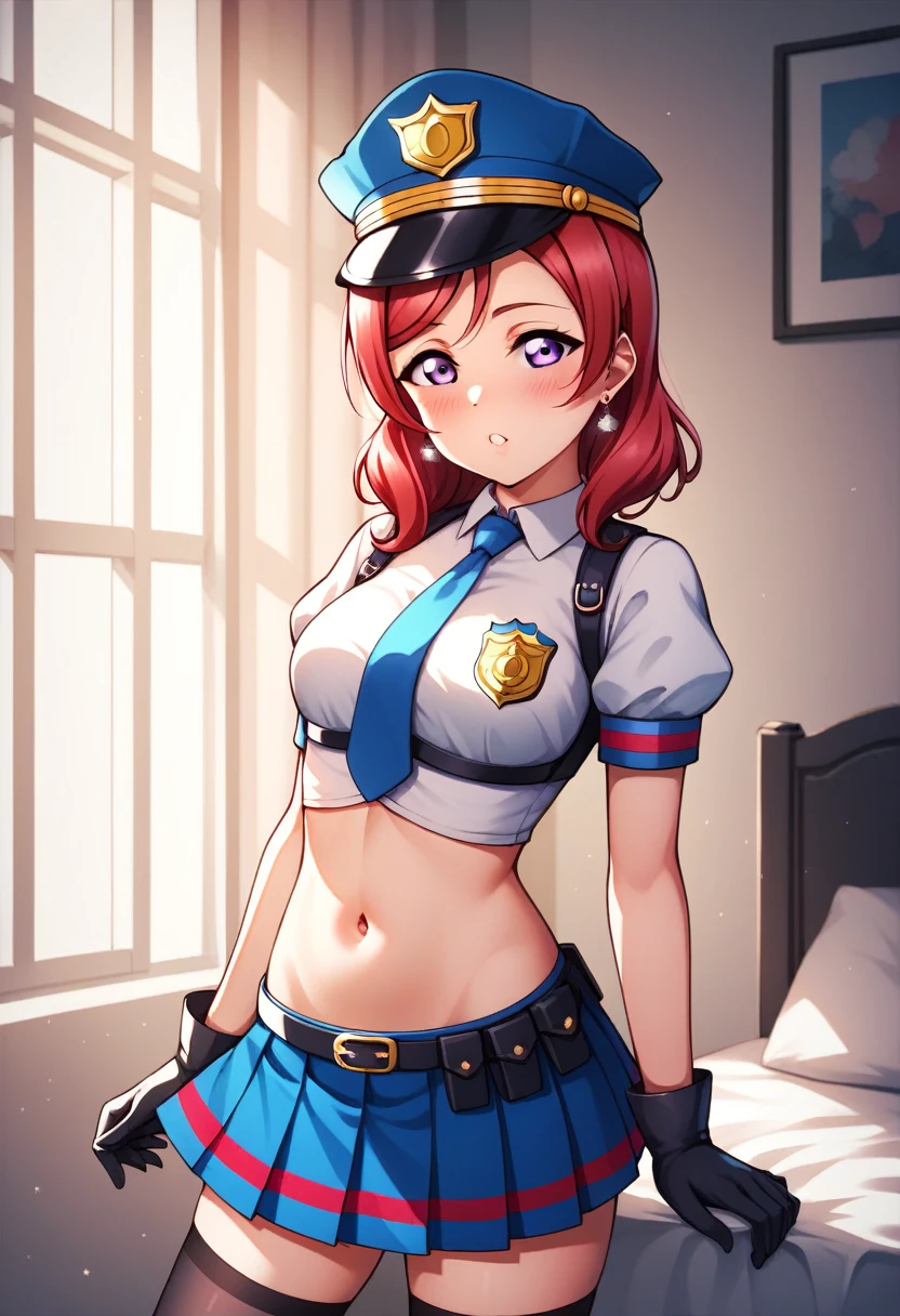 (Masterpiece, Best Quality, High Quality), volumetric lighting, illustration, beautiful , Blushing, indoors,solo, perfect lighting, perfect shadows, nishikino maki, love live, purple eyes,red hair, white crop top,short puffy sleeves, blue pleated mini-skirt, dart, black gloves,navel,black thighhighs, earrings , police cap, standing ,arms down, hands down