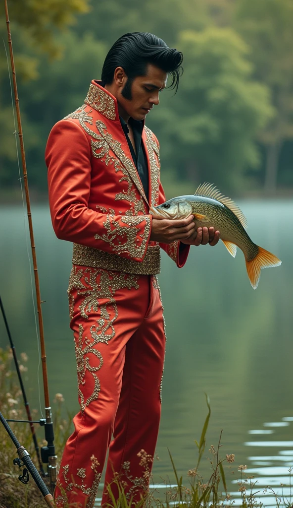 Elvis presley in his traditional clothes at the concert as a fisherman by the pond with rods and holding a catfish in his hand 
