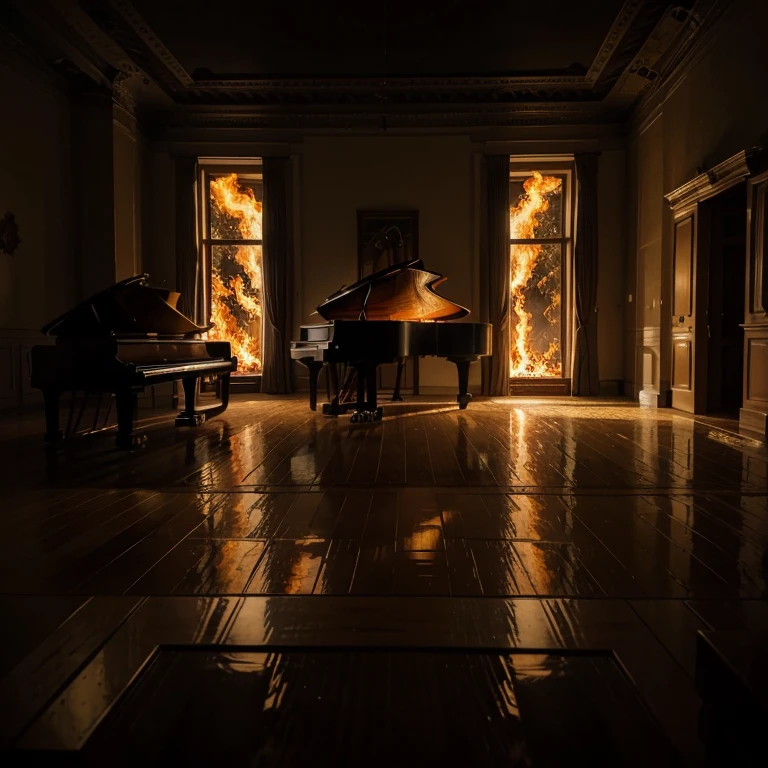 (masterpiece, best quality, ultra-detailed, illustration, high resolution, UHD, depth, cinematic lighting), piano, fire, blaze, large empty room, giant room, piano in center, burning piano, piano on fire:1.4, piano in a blaze, burning, surrouned by fire, dark room, sadness, grief, regret, emotion, love, beaty, poetry, destruction,