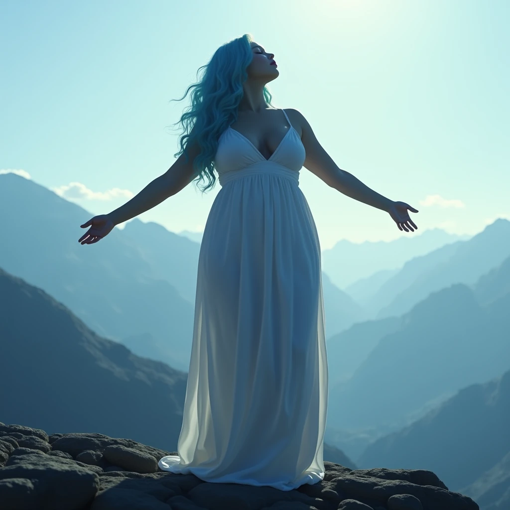 Silhouette of 1 beautiful biracial latina woman light blue hair with big large breasts, on top of a mountain, spread her arms,eyes closes, heads up, Plan Large, shadow on the ground, serene pose, photo realistic, Résolution Haute, white dress, extremely detailed full body