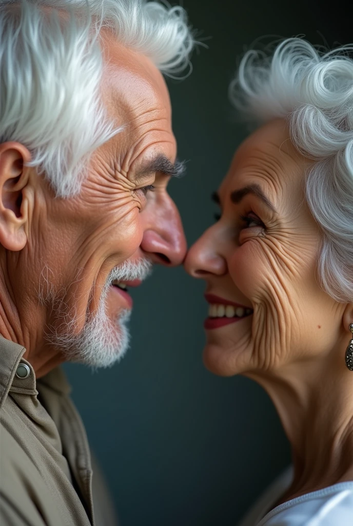 make a picture of my 50-year-old uncle with white hair, the same as the picture before, staring into the eyes of his 50-year-old wife