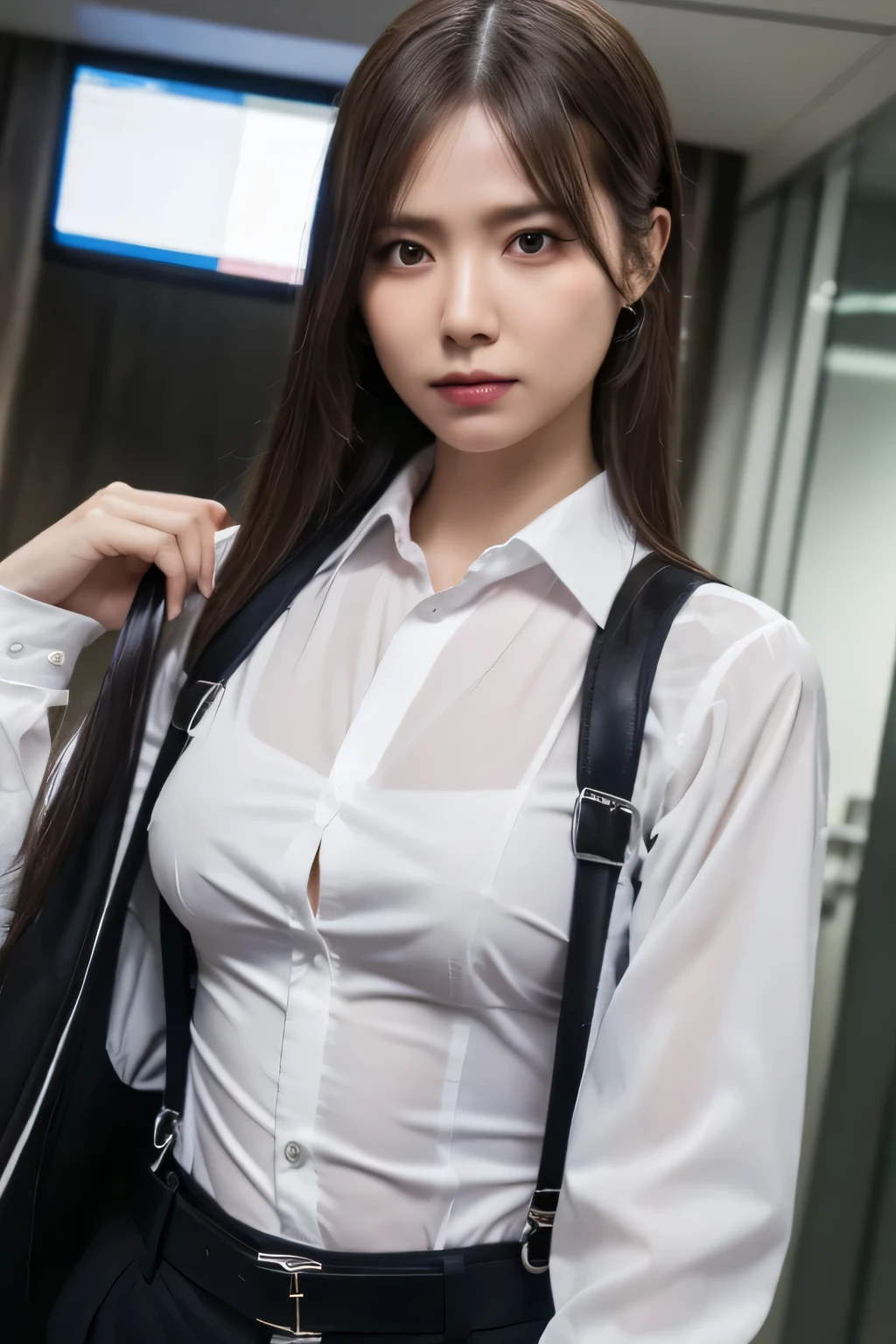a woman in a suit, belt, hands behind back, sweating, suspenders, black pants, sexly, large breasts, see-through clothing, rain, detective, office worker, white button-up shirt, (best quality,4K,8k,highres,masterpiece:1.2),ultra-detailed,(realistic,photorealistic,photo-realistic:1.37),hyper-detailed,highly detailed face and body, Slender thin suspenders Moderate breasts See-through shirt Nipples holster chain Pistol Armament criminal Female criminal knife