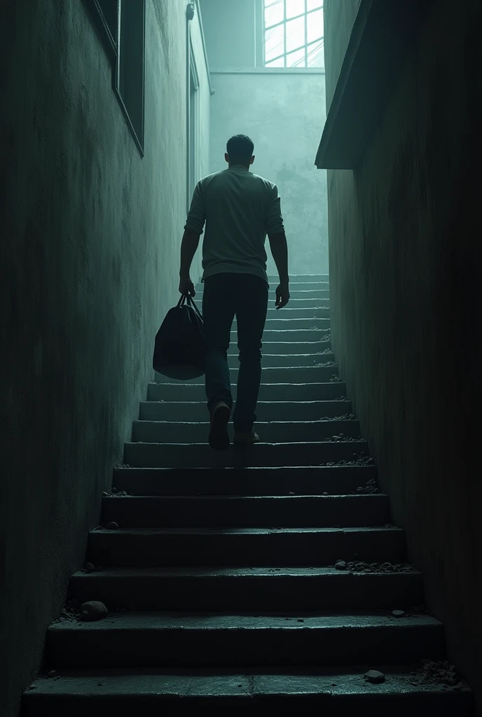 A man is walking up a flight of stairs, carrying a bag in his hand