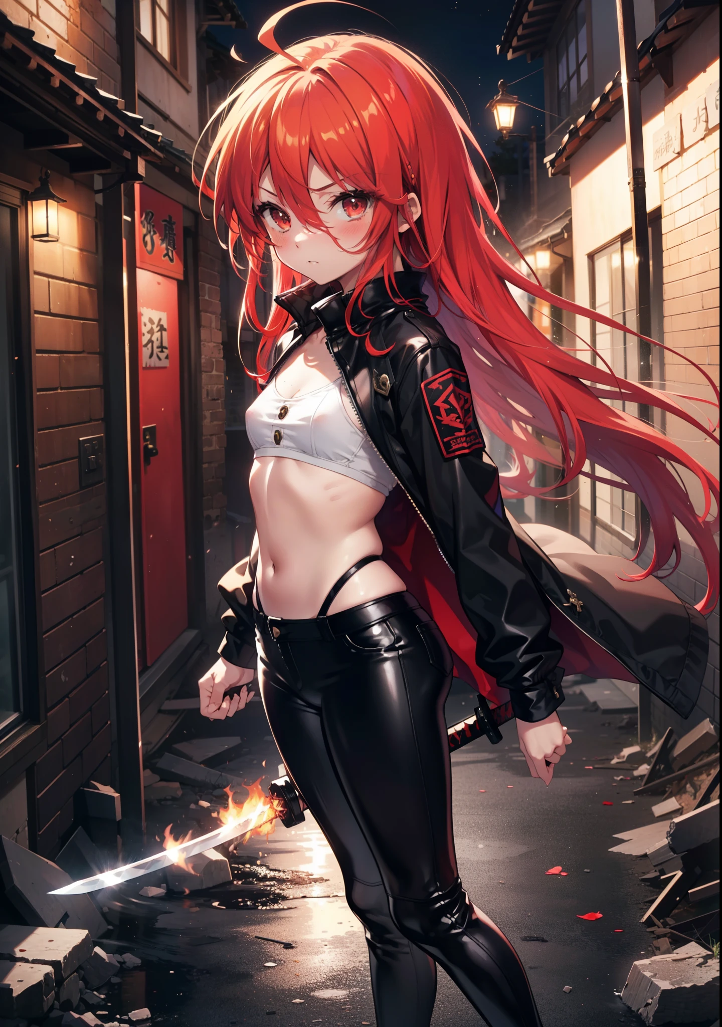 Shana,灼眼のShana,Long Hair, Redhead, Red eyes, Ahoge,blush,Small ,Serious face,Black Rider Suit,Leather pants,boots,rubble,Explosive Flame,Japanese sword with flames:1 is stuck in the ground,night,moonlight,Are standing,whole bodyがイラストに入るように, break outdoors, Building district, break looking at viewer, whole body, break (masterpiece:1.2), Highest quality, High resolution, unity 8k wallpaper, (shape:0.8), (Beautiful attention to detail:1.6), Highly detailed face, Perfect lighting, Extremely detailed CG, (Perfect hands, Perfect Anatomy),