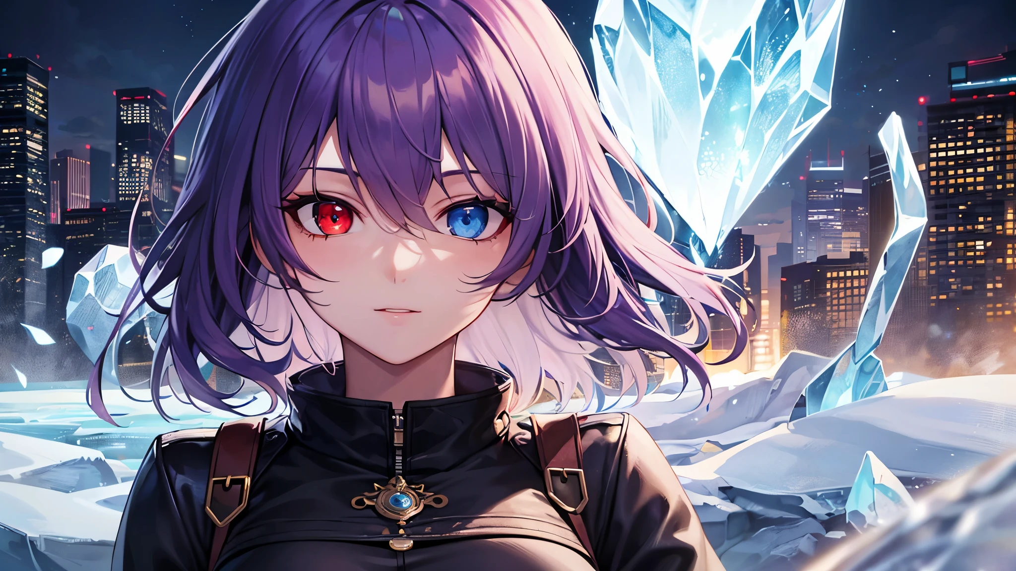 Highest quality, 8k, 4K, High resolution, (Beautifully detailed face), High Contrast,One person,only,short hair,Purple Hair,Heterochromia iridis(Red eyes,blue eyes),Upper Eye,Large Breasts, Street clothes, Nice background,night, Mystical ice and fire magic
