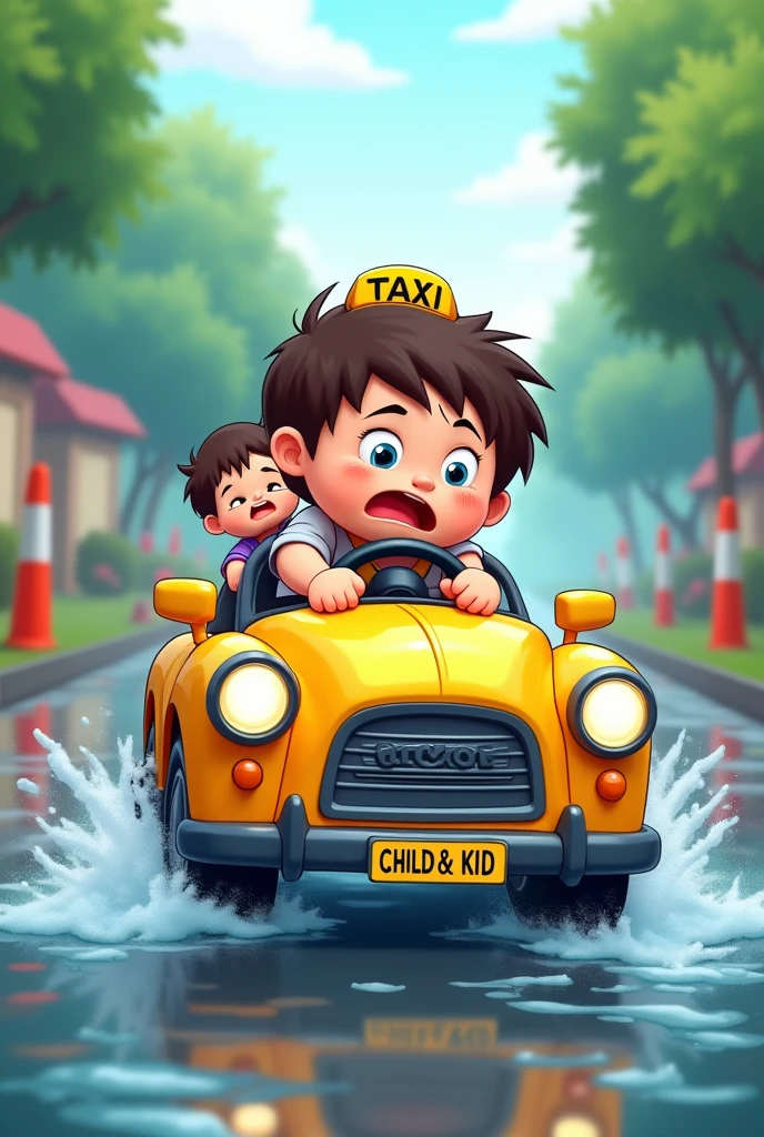 funny YouTube thumbnail for title 'slow and frustrated' about wet road addressed by our project innovation , make it horizontal , make A frustrated kid driving a cute toy taxi car with another ??? on flooded road with number plate CHILD & ??? , make it cartoony