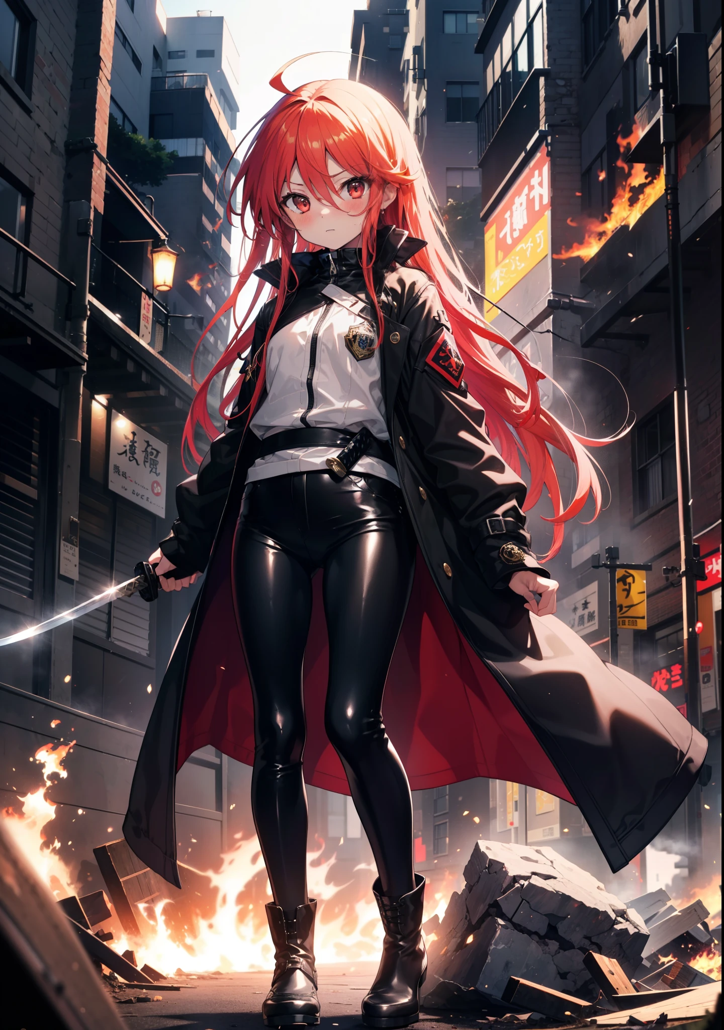 Shana,灼眼のShana,Long Hair, Redhead, Red eyes, Ahoge,blush,Small breasts,Serious face,Black Rider Suit,Leather pants,boots,rubble,Explosive Flame,Japanese sword with flames:1 is stuck in the ground,night,moonlight,Are standing,whole bodyがイラストに入るように,　　　　　　　　　　　　　break outdoors, Building district,　　　　　　　　　　　　　　　break looking at viewer, whole body, 　　　　　　　　break (masterpiece:1.2), Highest quality, High resolution, unity 8k wallpaper, (shape:0.8), (Beautiful attention to detail:1.6), Highly detailed face, Perfect lighting, Extremely detailed CG, (Perfect hands, Perfect Anatomy),