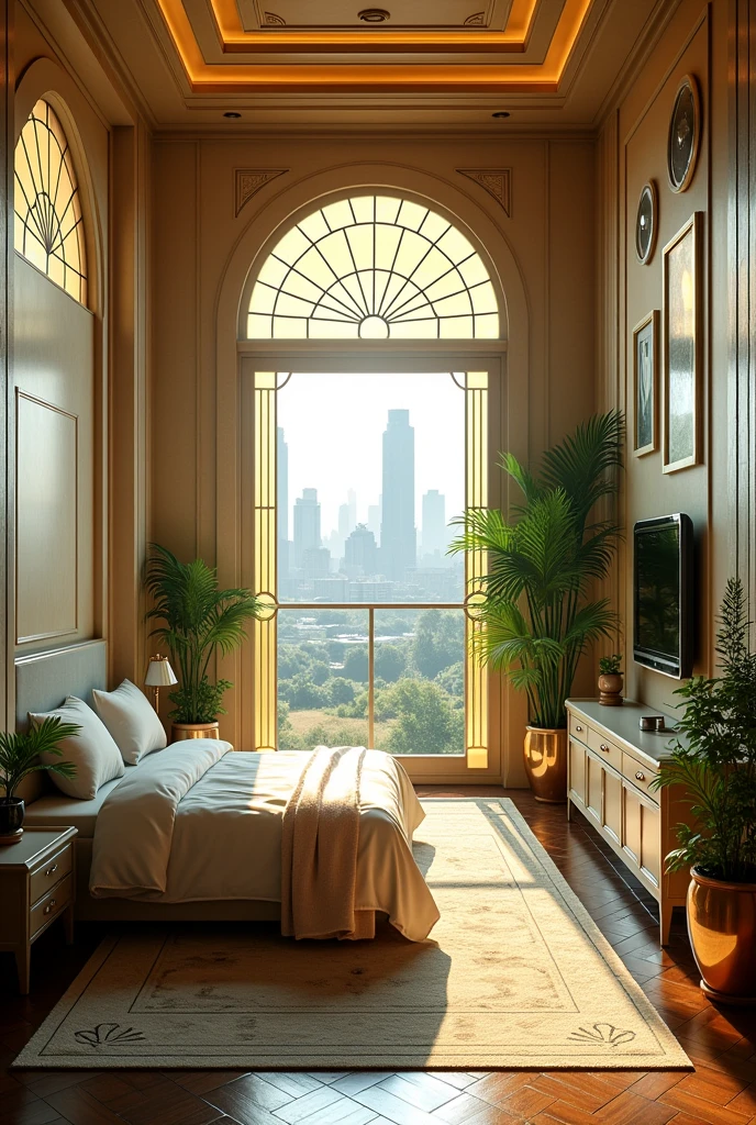 solarpunk art deco bedroom 

