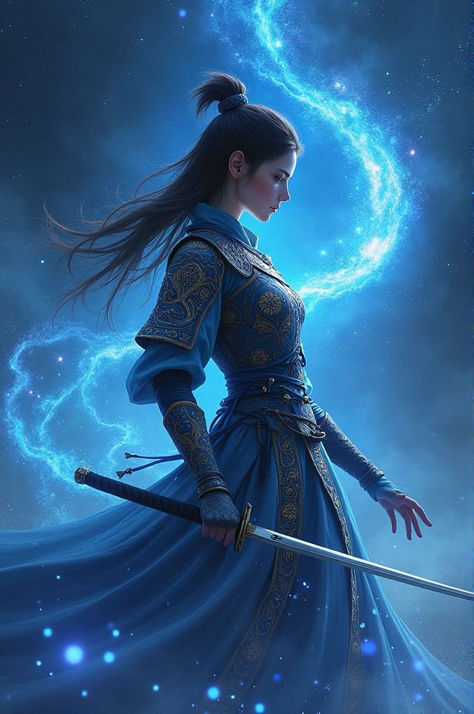 Elden ring, Female warrior, samurai, katana, esoteric blue magic, stars theme, cosmos theme