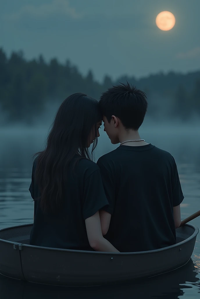 Create 3D image.one boy and girl heart broked heart.the boy and girl wear black colour full sleeve tshirt and girl had a cute little platinam chain .the boy neck have a black colour little rope in 10  in neck chain.they are sitting the smoke boat at Lake one moon.They are  .they are huging sad.front side  face .
