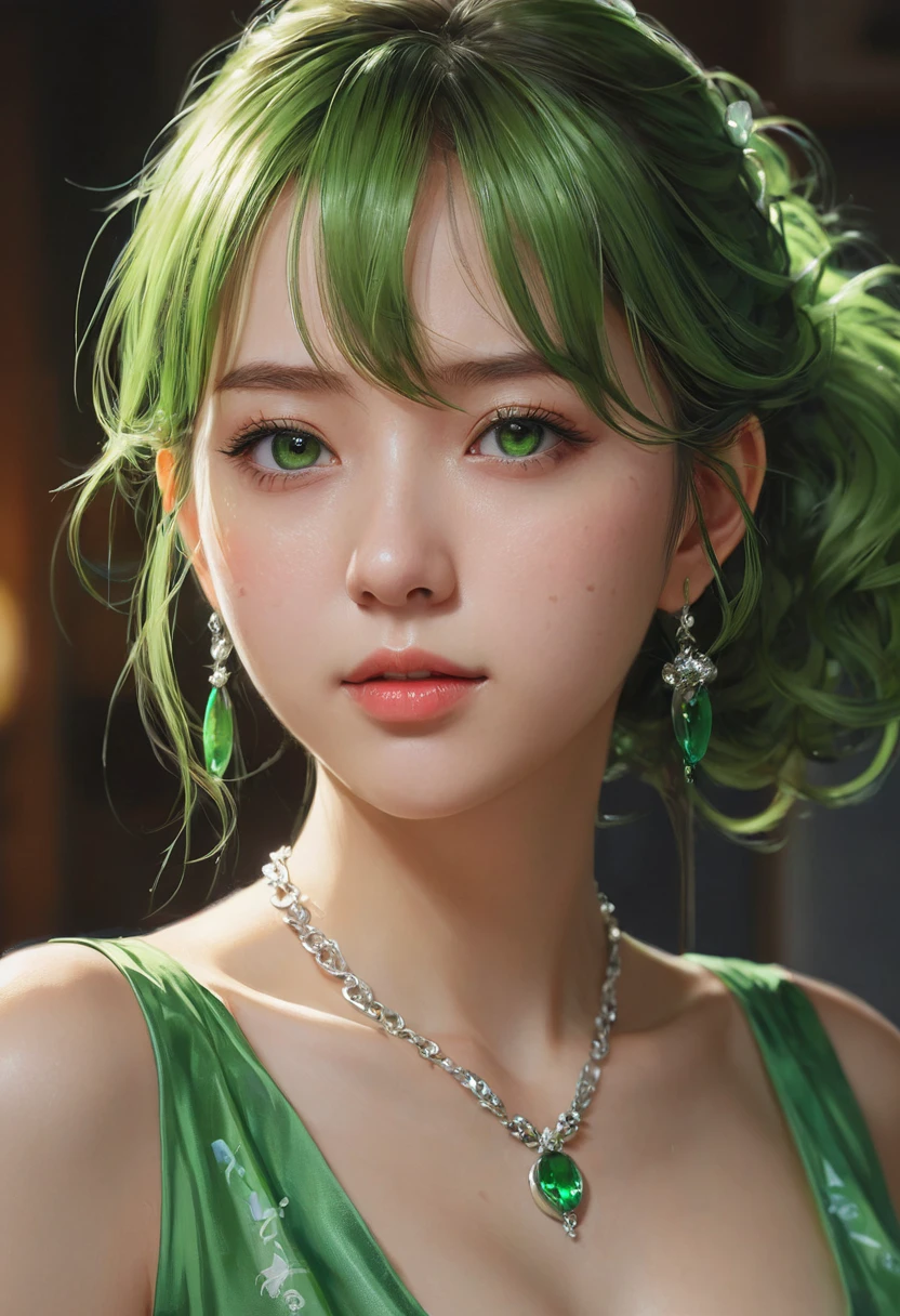 a close-up of a woman in a green dress and a necklace, non-style artwork by guweiz, realistic 3d anime style, cute anime portrait, anime realism style, detailed portrait of anime girl, beautiful character painting, 由杨J, stunning anime face portrait, realistic anime art style, portrait of an anime girl, A teenage girl,a girl on all fours , wet girl pussy