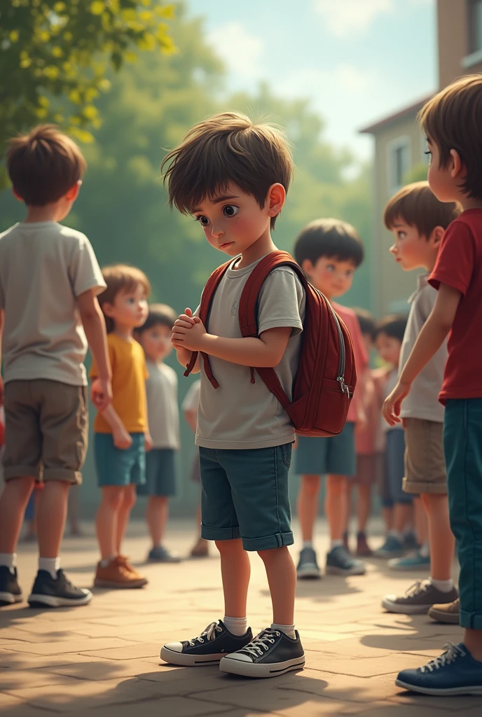 A highly realistic image of a young child, around , standing alone in a schoolyard. It's a sunny day, but the child's posture is slouched, and they are looking down at the ground with a sad expression. Around them, groups of other children are playing, talking, and laughing, but none are interacting with the child. In the background, a few older kids can be seen whispering and pointing at the child, clearly excluding them. The child's clothes are slightly disheveled, and they are holding a backpack tightly to their chest as if seeking comfort. The scene conveys a sense of loneliness and exclusion, highlighting the child's isolation in a place meant for joy and friendship.