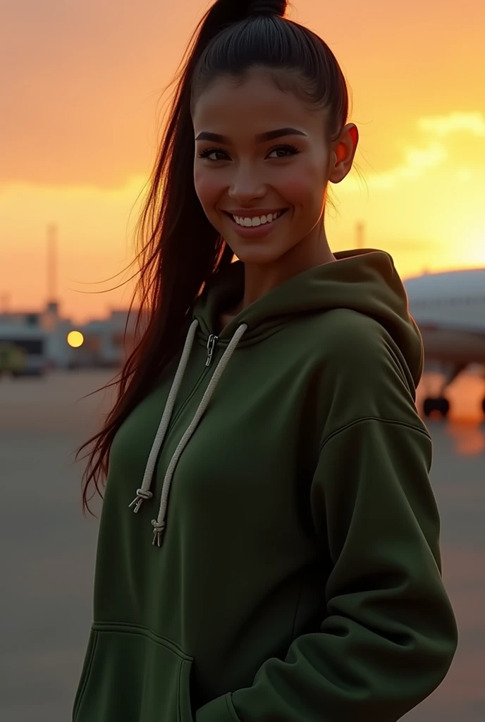 (photorealism: 1.2), hot brazilian sexy girl in sexy dynamic pose. raw portrait photography, hyper realistic and detailed face, complex and realistic skin texture, hot body, athletic body, smiling, long black hair tied up, dressed with green hoodie, sunset at the airport