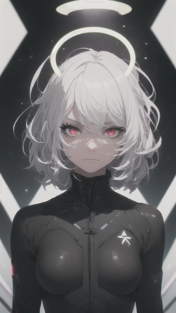 1girl, white hair, wild hair, red eyes, (white eyelashes:1.2), emotionless, red glow halo, (chromatic aberration:1.2), solo, digital dissolve, black bodysuit, 20 years old, mature, arrogant expression, black background, look at viewer