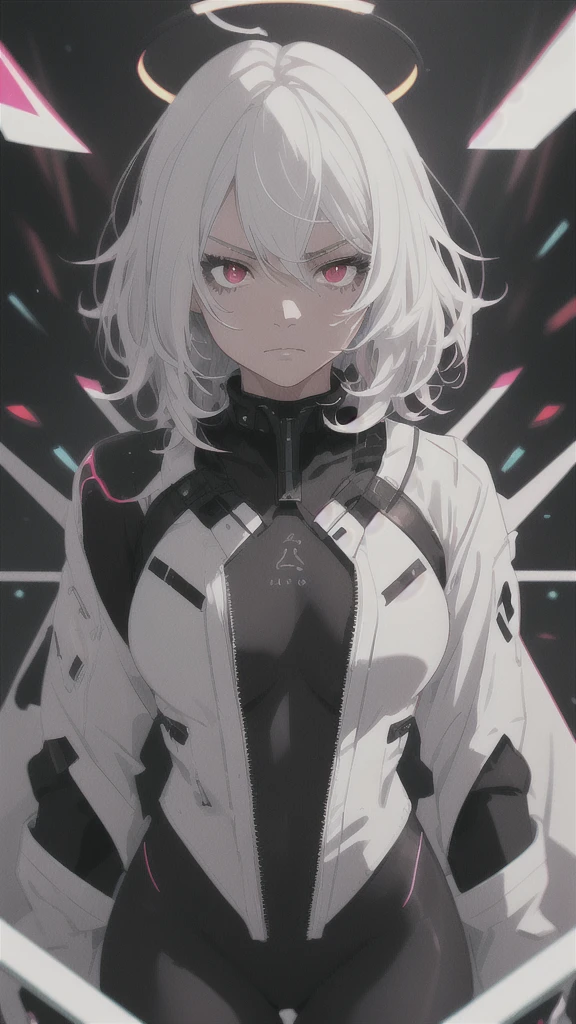 1girl, white hair, wild hair, red eyes, (white eyelashes:1.2), emotionless, red glow halo, (chromatic aberration:1.2), solo, digital dissolve, black bodysuit, 20 years old, mature, arrogant expression, black background, look at viewer